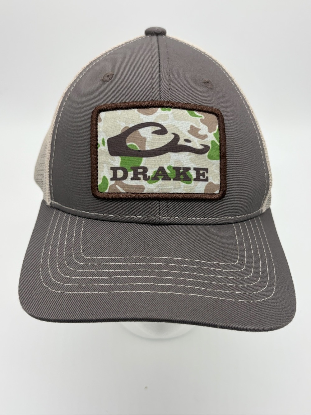 Drake Gray Trucker Hat with Camo Patch